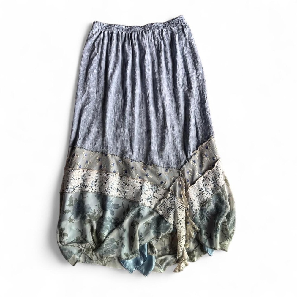 Fairycore Blue maxi skirt with floral and lace trim